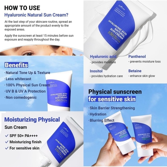 ISNTREE Hyaluronic Acid Natural Suncream SPF50 PA++++ 50ml, 1.69 fl.oz - Picture 2 of 5